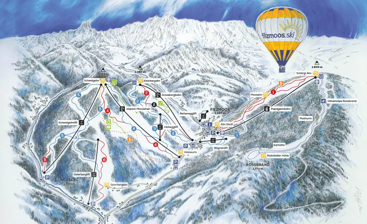 Pistenplan Filzmoos mit Liften, Pisten, Hütten und Parkplätzen